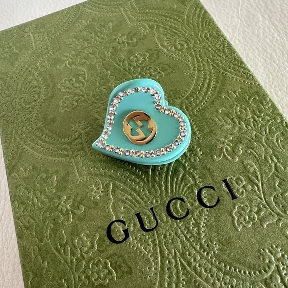 NEW Gucci Heart Shaped Hair Clip with Intertwined G's Blue Green Crystal - Picture 3 of 8